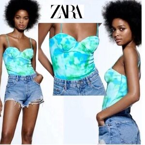 Zara blue green tie-dye ombre spaghetti strap bustier corset bodysuit Sz S NWOT